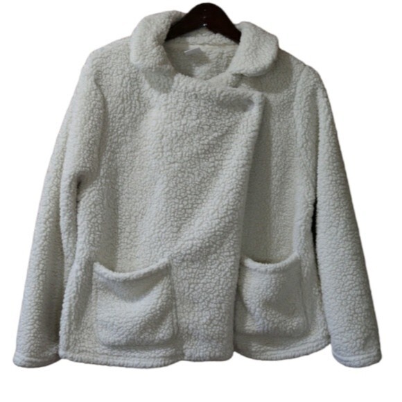 Cuddl Duds White Fuzzy Fleece Teddy Jacket Medium - Picture 11 of 12